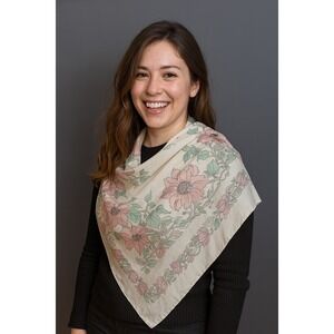 Jim Thompson‎ Silk Scarf Floral Print Square Cream Pink Green Vintage